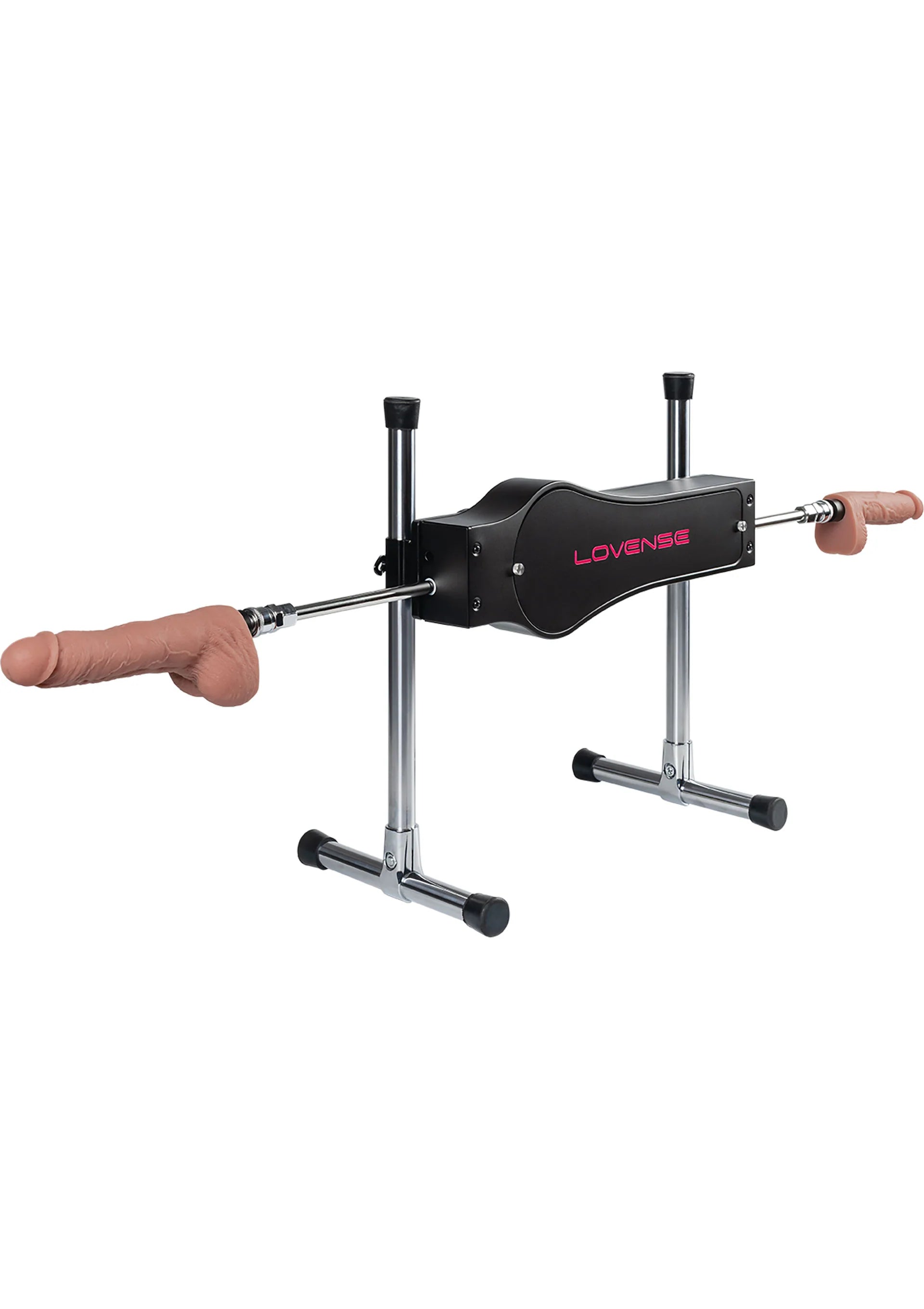 Lovesense seksmachine met zwart hoofdframe, twee chroom poten en handgreep rechts