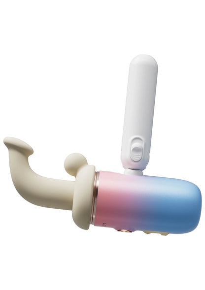 Mini-intimiteitsapparaat met beige handgreepdeel, blauwroze koker en witte staander