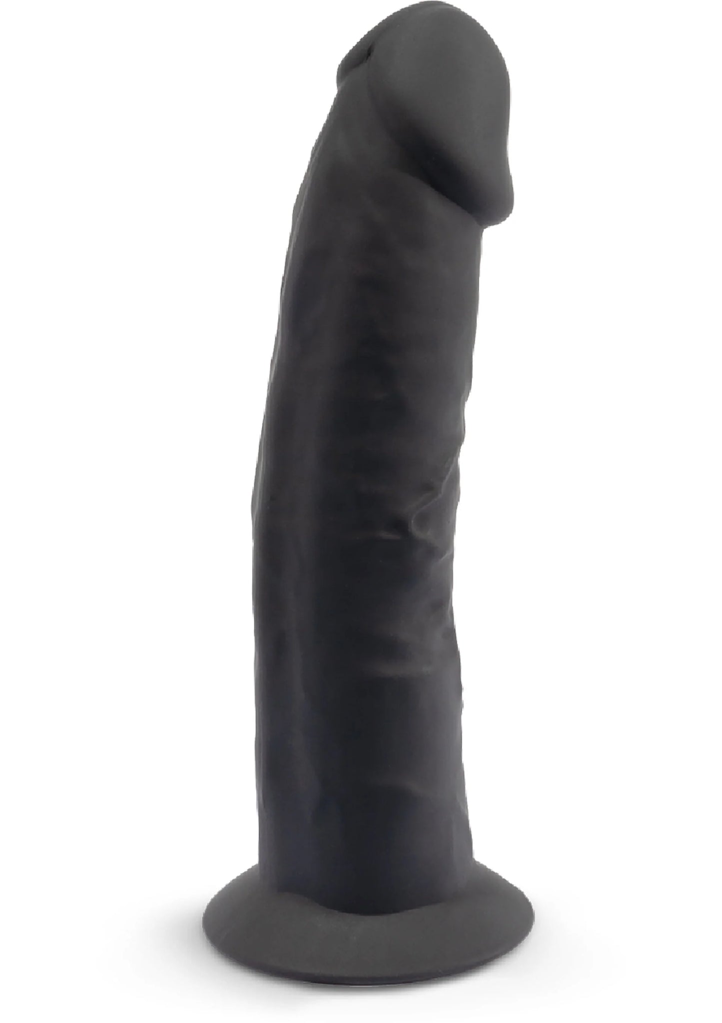 Zwarte 6 inch dildo in zijaanzicht, glad en taps toelopend naar de top.