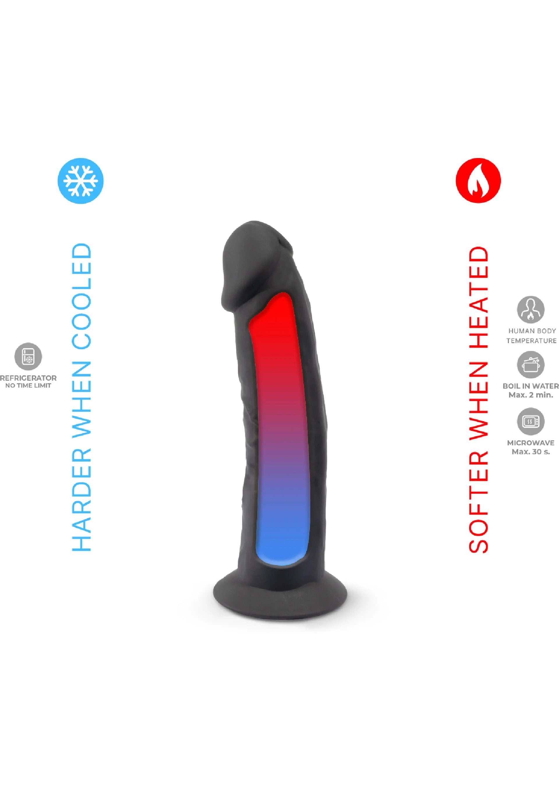 Zwarte 6 inch dildo met zichtbare lichtstrook: blauw onder, rood boven.