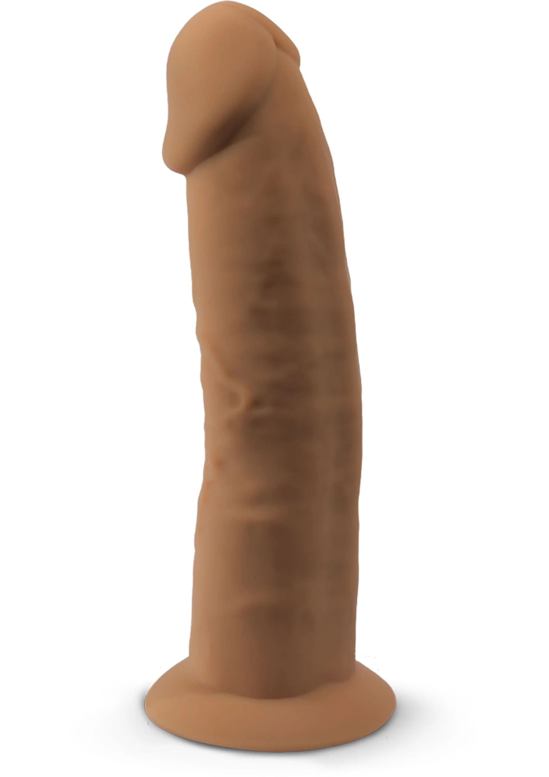 Bruine siliconen dildo met matte textuur, staand met brede voet.