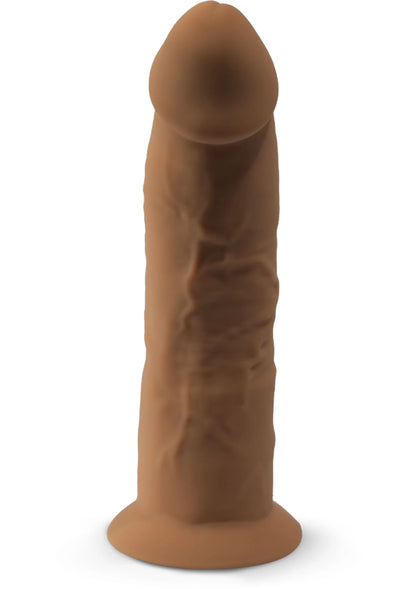 Caramelkleurige siliconen dildo met ronde uiteinden en platte voet.