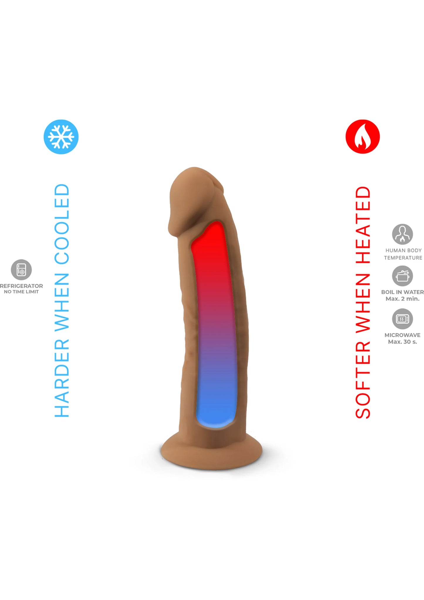 Caramelkleurige siliconen dildo met aangeduide warmte- en koelzones.