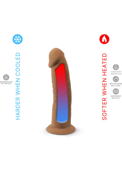 Caramelkleurige siliconen dildo met aangeduide warmte- en koelzones.
