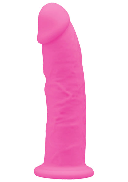 Roze siliconen dildo van 6 inch met afgeronde kop en brede basis.