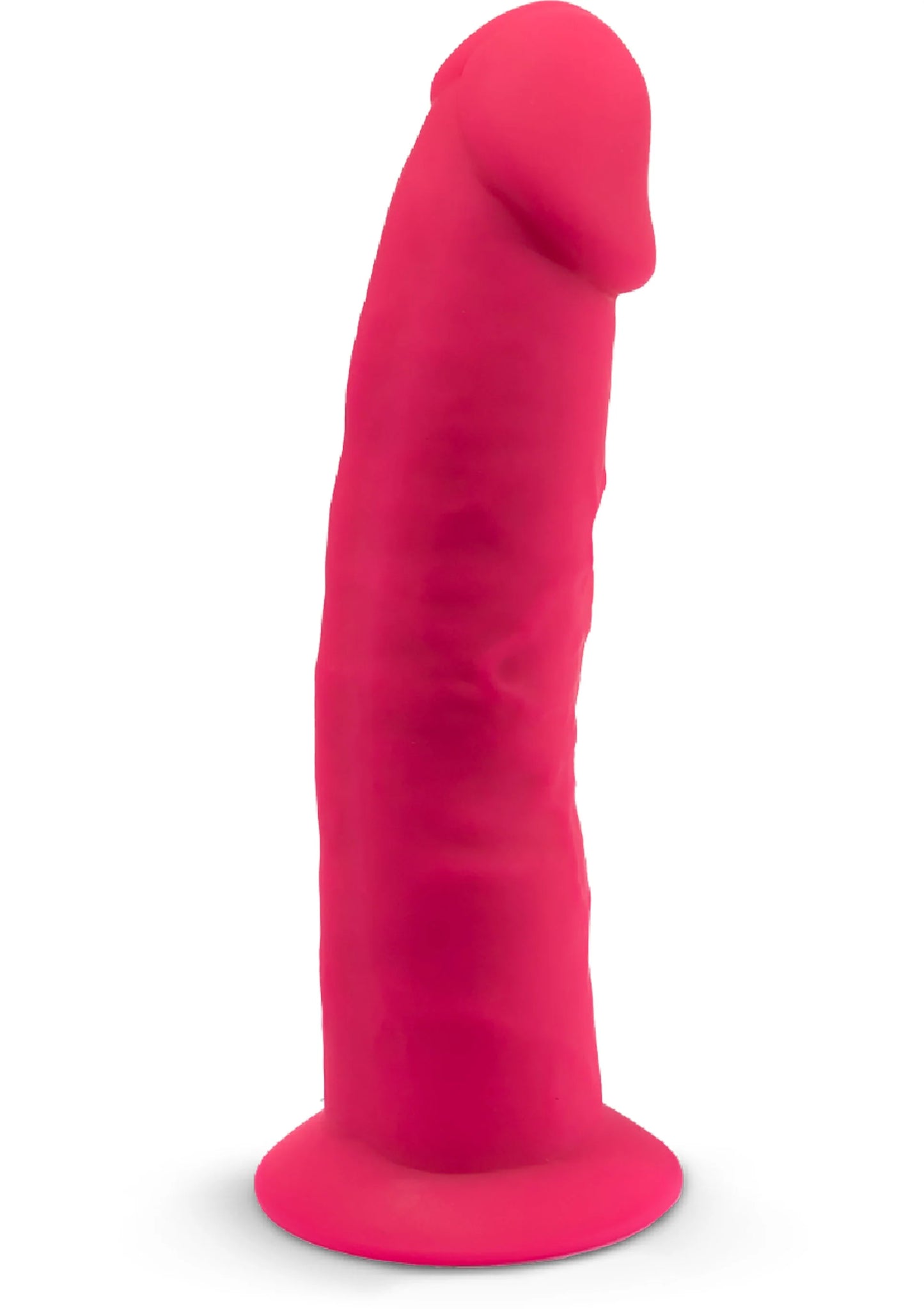 Roze 6 inch dildo in zijaanzicht, glad en taps toelopend naar de top.
