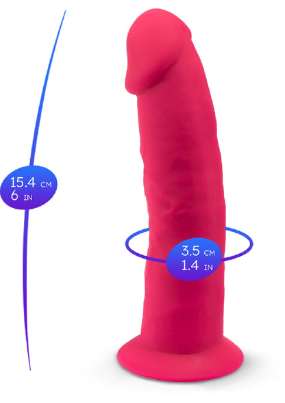 Roze 6 inch dildo met afmetingen 15,4 cm en 3,5 cm doorsnede.