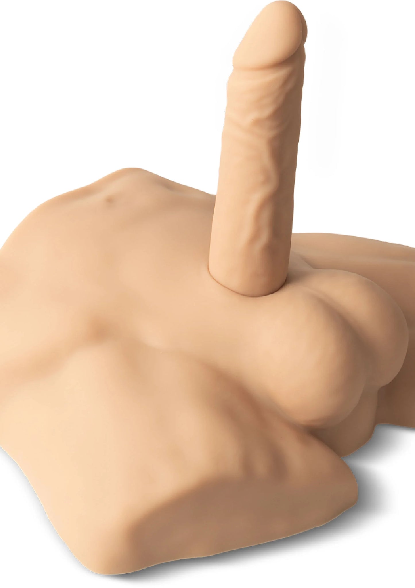 Kleine siliconen demi-torso met staande penis, zijaanzicht