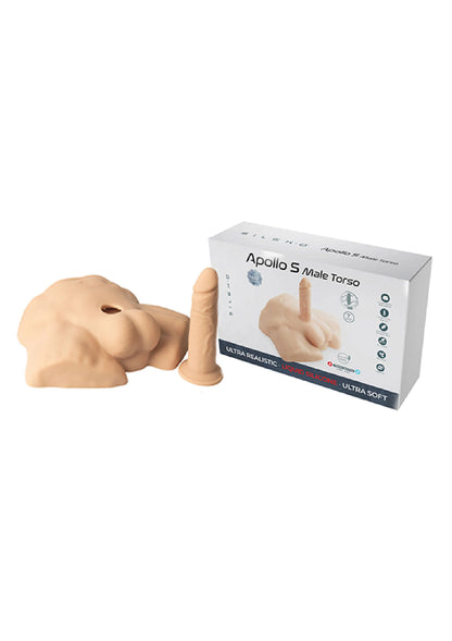 Kleine siliconen demi-torso met staande penis en kartonnen productdoos