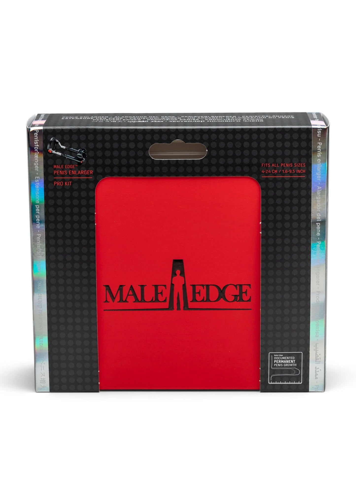 Verpakking van Male Edge penisvergroter met rood binnenpaneel en logo