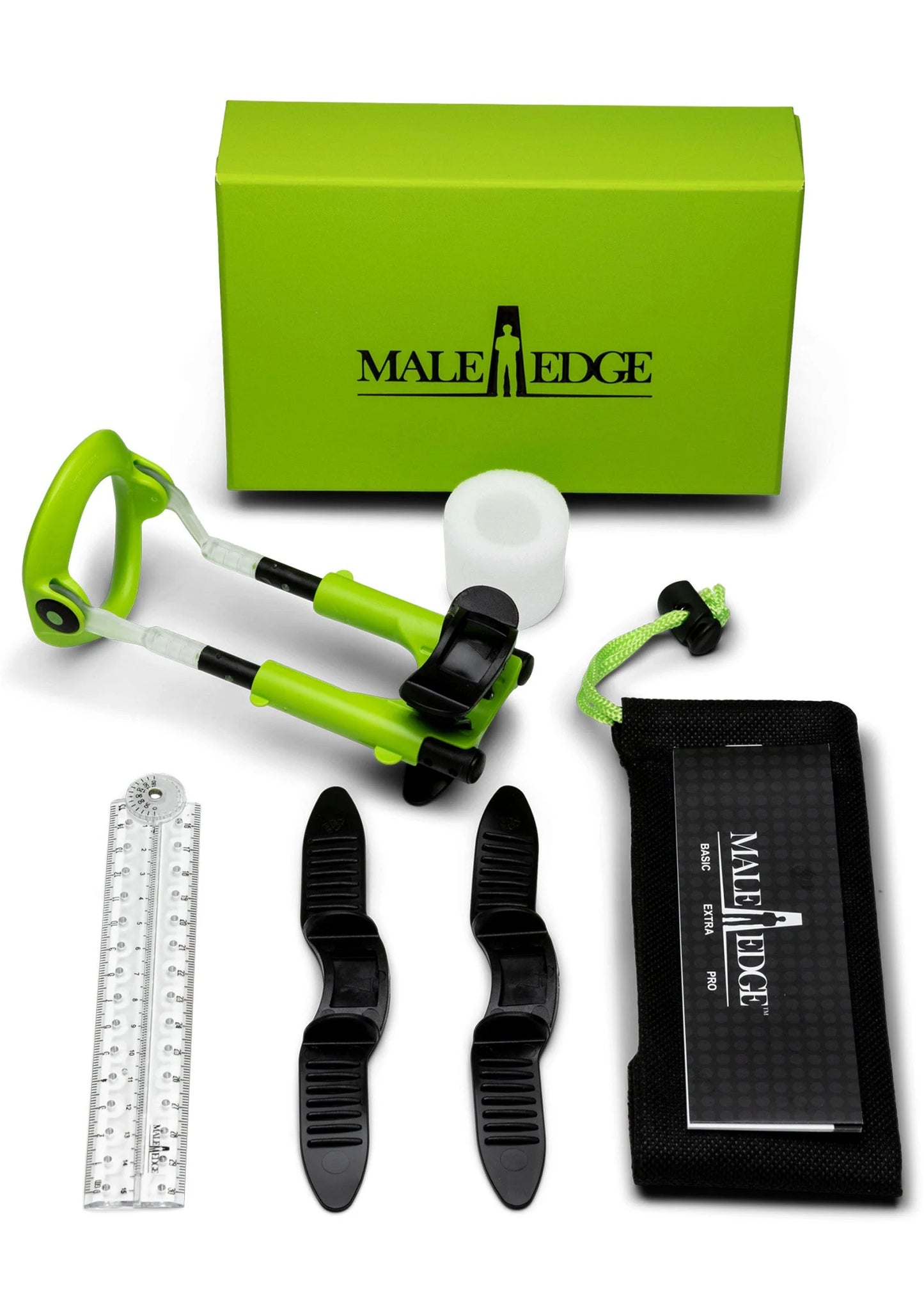 Complete Male Edge vergrootkit: groene box, tool, opzetstuk, liniaal, straps en etui
