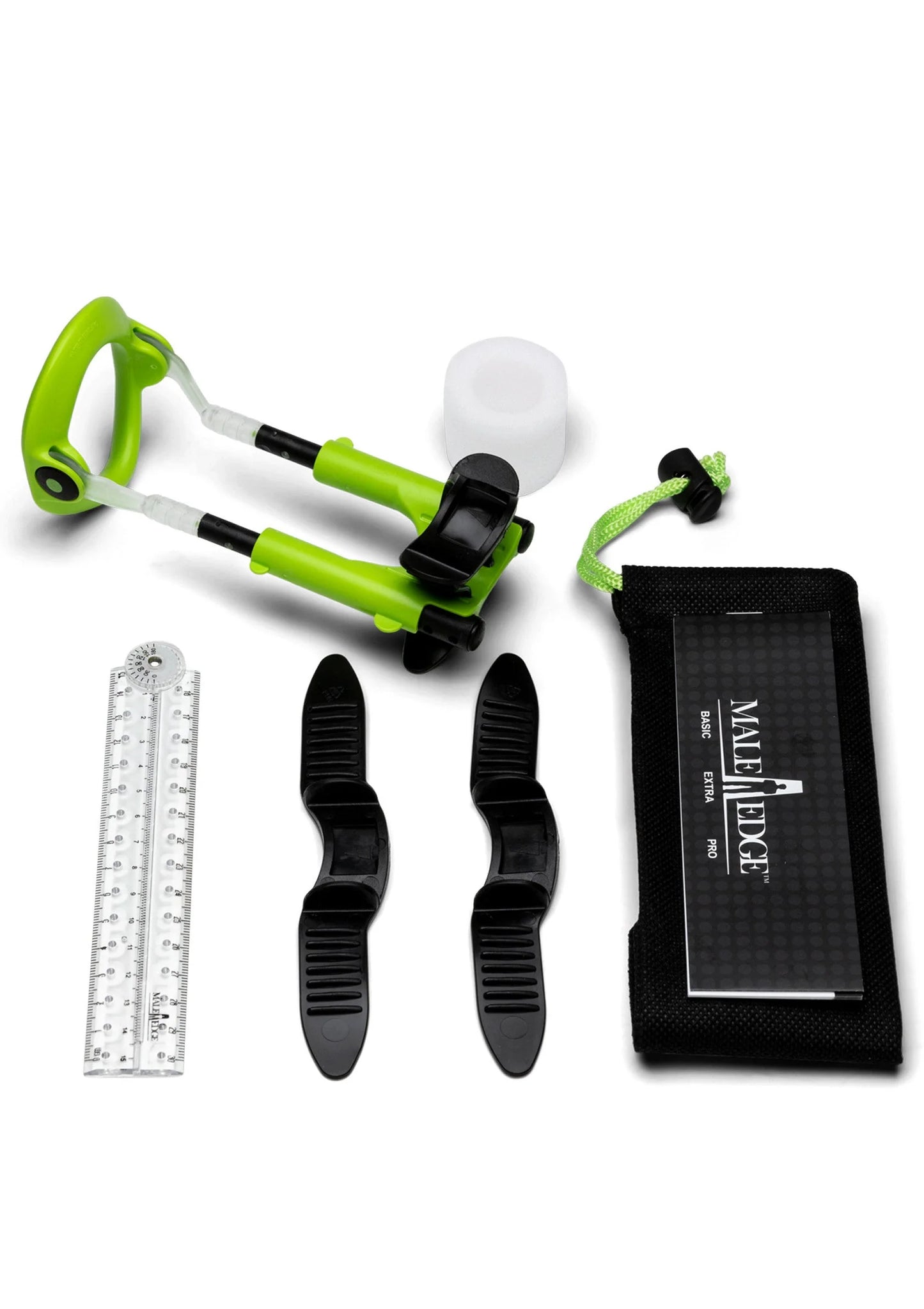 Male Edge vergrootkit set met groene tool, liniaal, straps en zwart etui