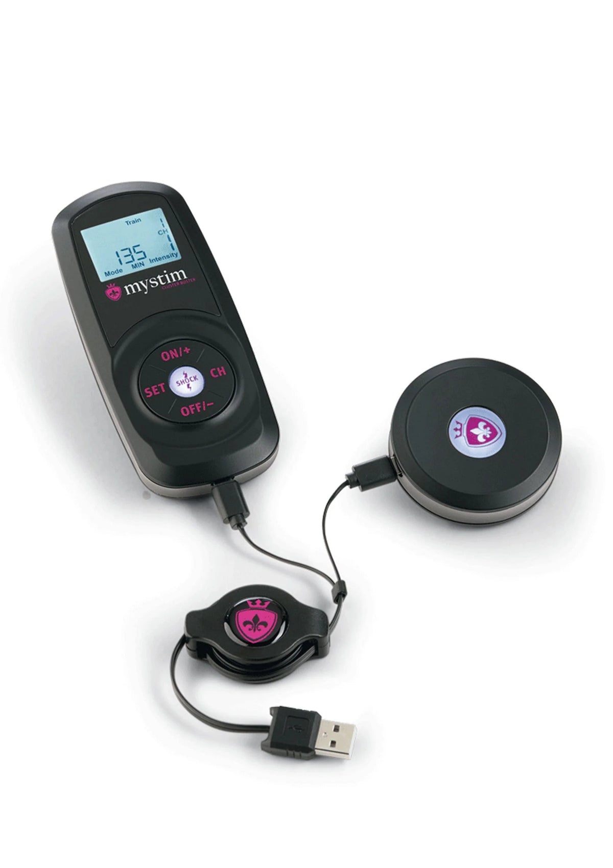 Elektrostimulatie-apparaat set met afstandsbediening, schijf en USB-kabel, zwart met roze