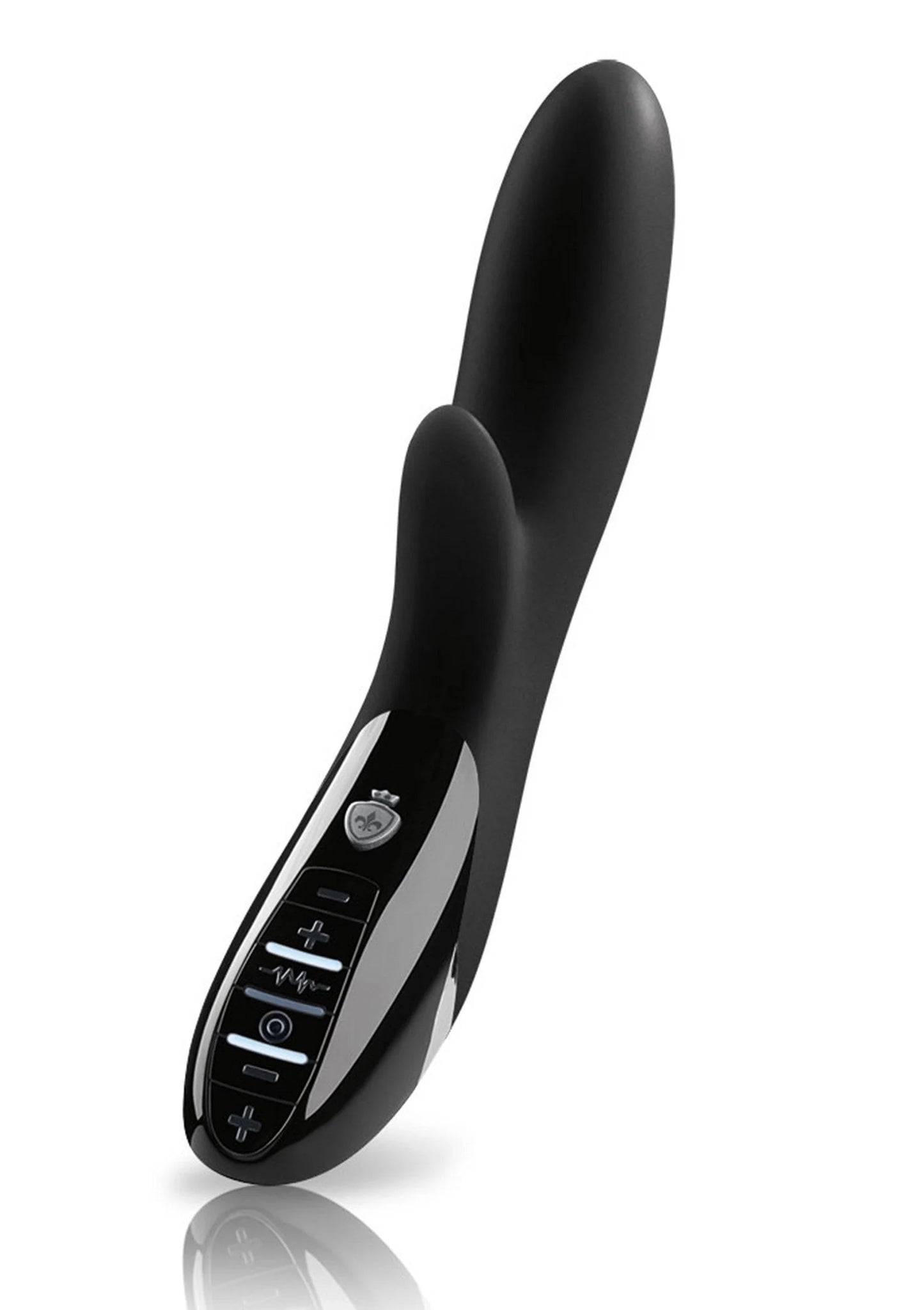 Zwarte dubbelzijdige vibrator met afgeronde uiteinden en bedieningspaneel.