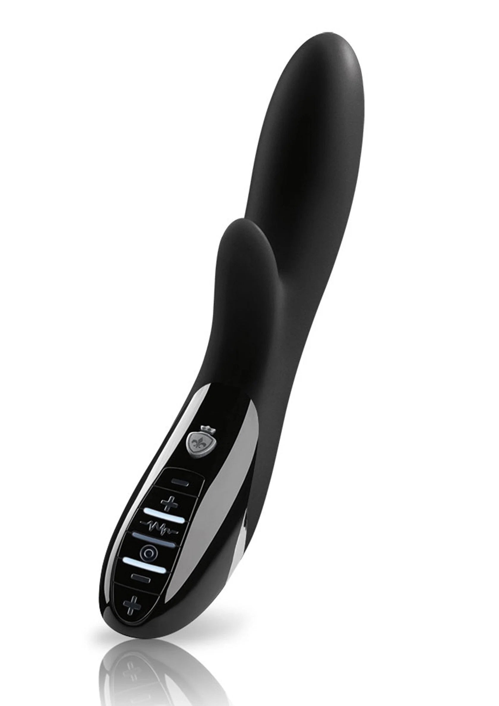 Zwarte dubbelzijdige vibrator met afgeronde uiteinden en bedieningspaneel.