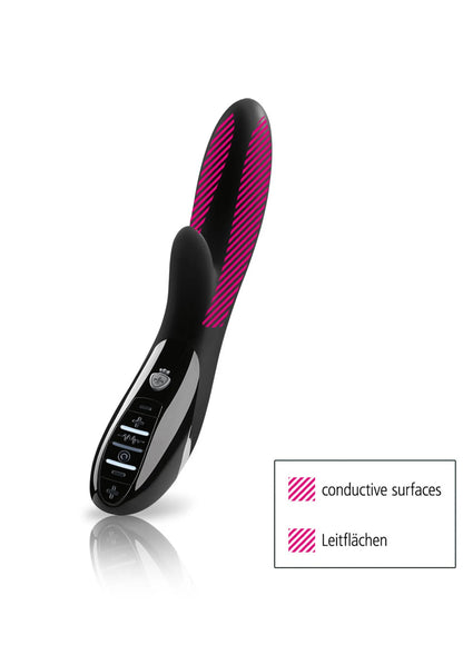 Zwarte vibrator met roze-streep patroon op het achtervlak en bedieningspaneel.