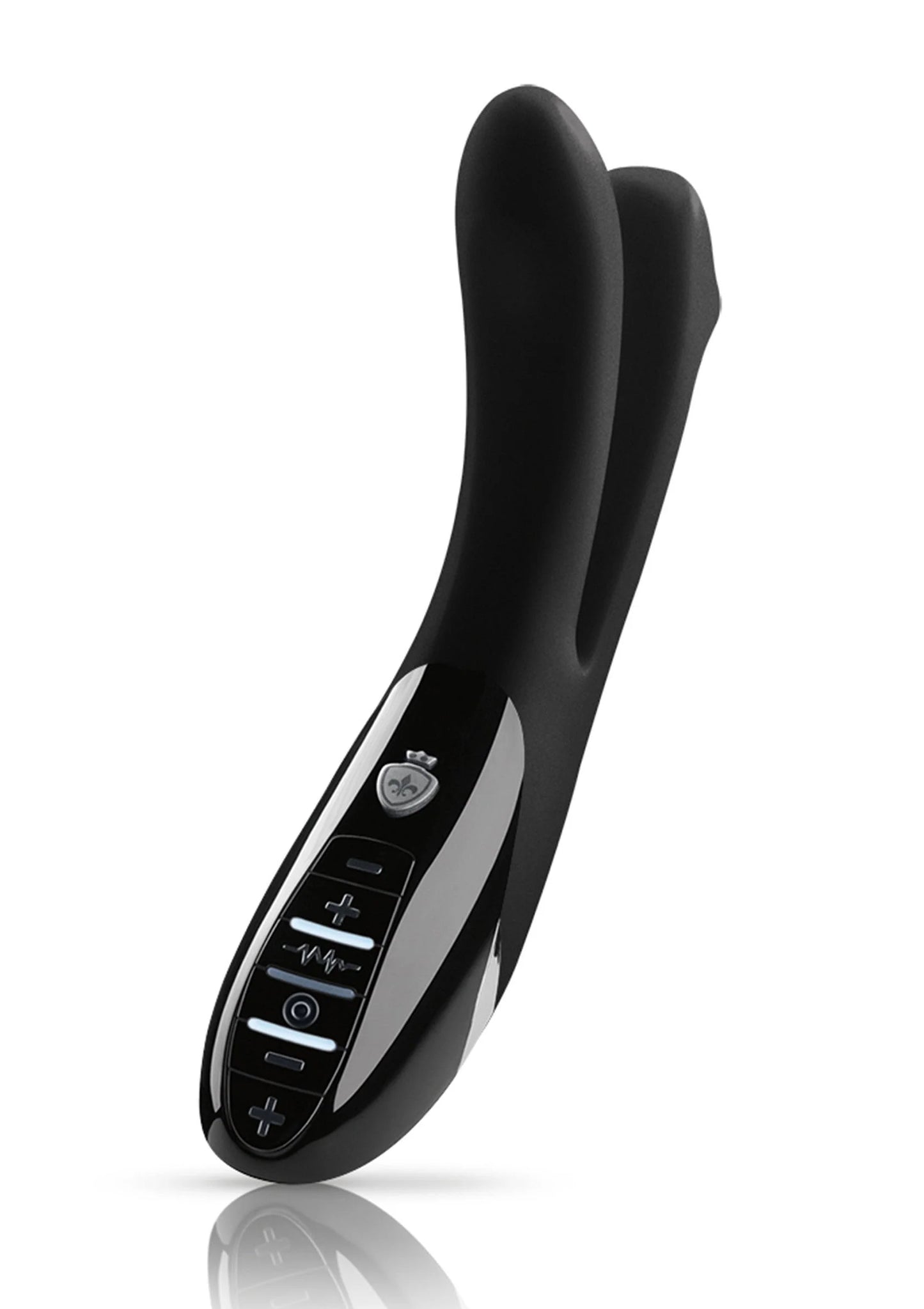 Zwarte eStim-vibrator met gebogen uiteinde en bedieningspaneel op het handvat