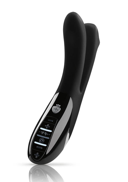 Zwarte eStim-vibrator met gebogen uiteinde en bedieningspaneel op het handvat