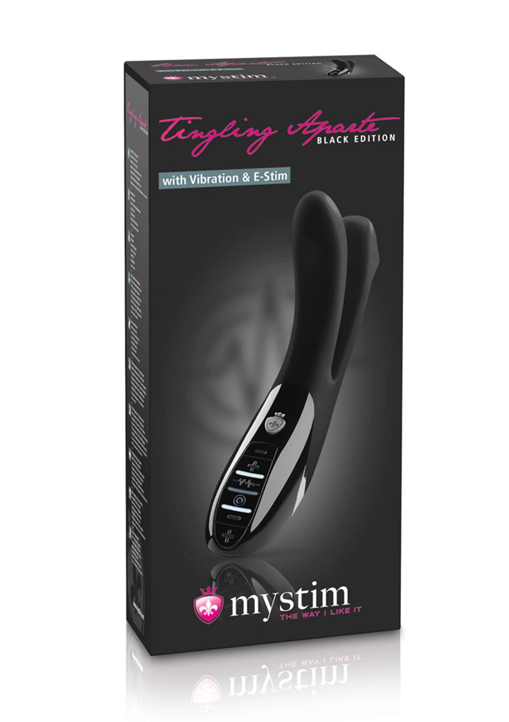 MyStim Tingling Agate Black Edition-doos met eStim-vibrator in beeld