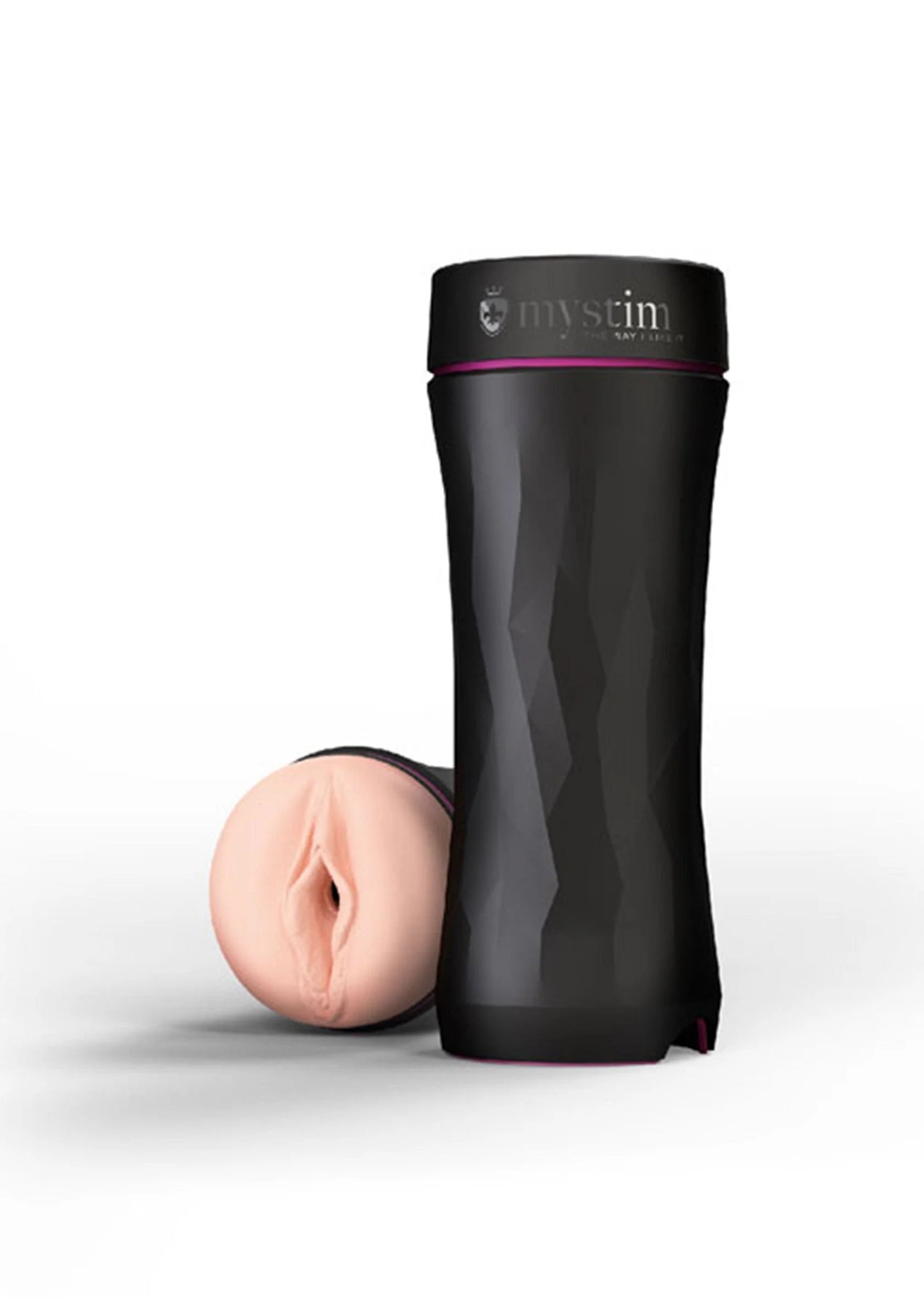 Zwarte MyStim masturbator met roze inzetstuk, staand en open