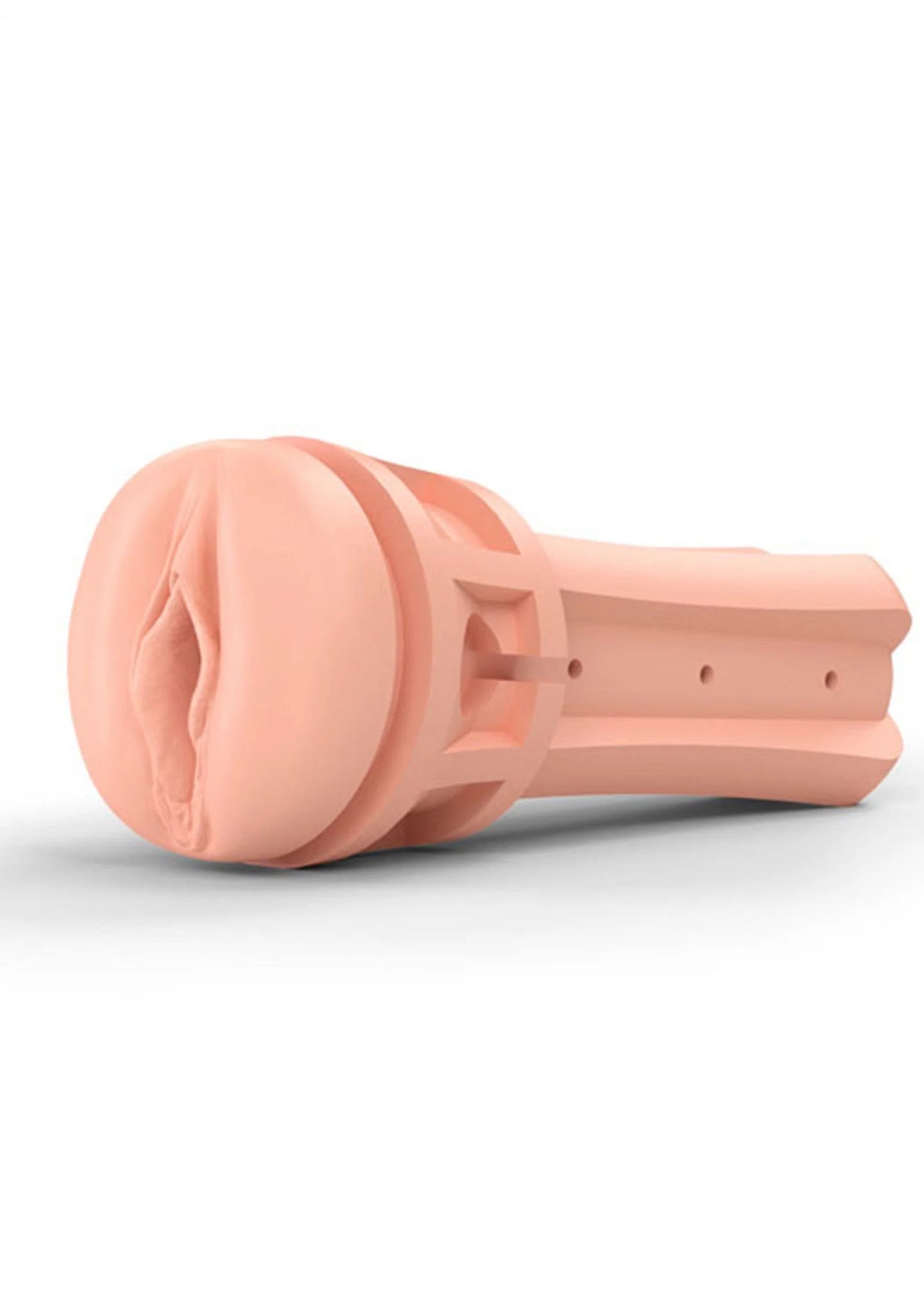 Zijaanzicht van roze inzetstuk van MyStim masturbator met open uiteinde