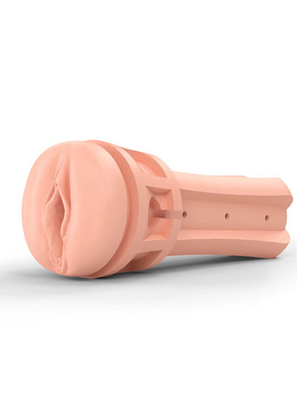 Zijaanzicht van roze inzetstuk van MyStim masturbator met open uiteinde
