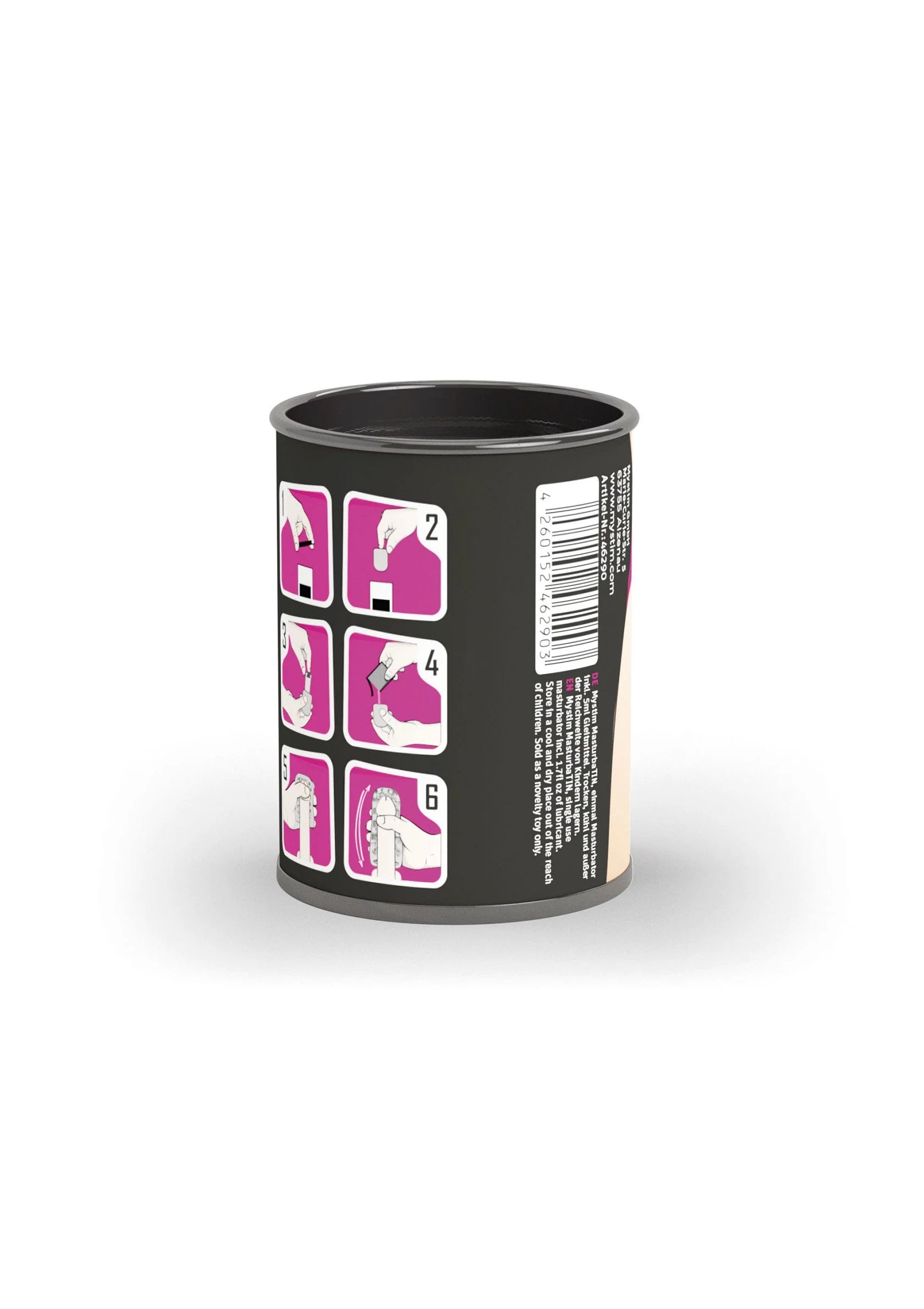 Masturbator achterkant met roze stappenillustraties en zwart label