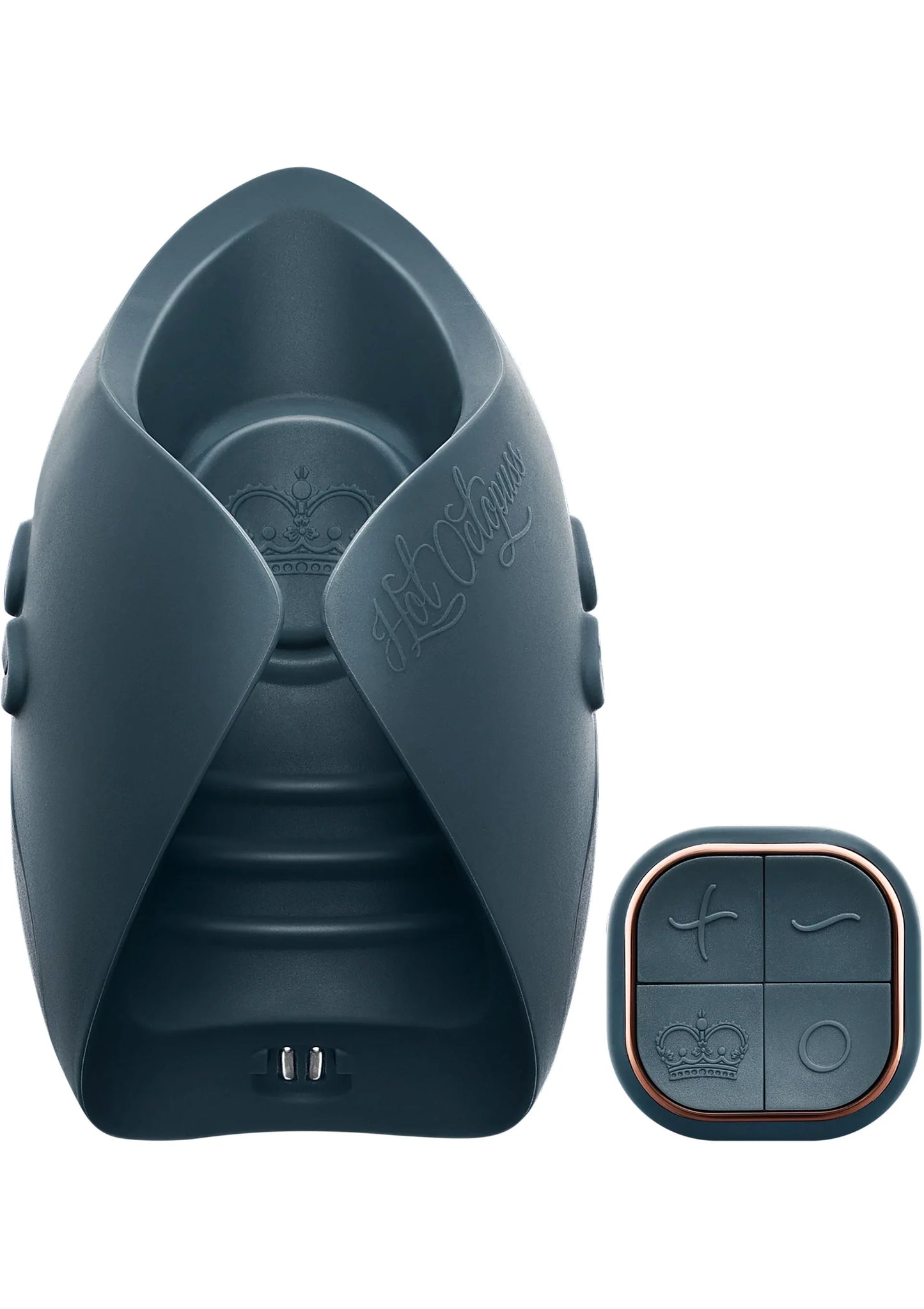 Blauwe vibrator met holle voorkant en ovale opening, plus afstandsbediening