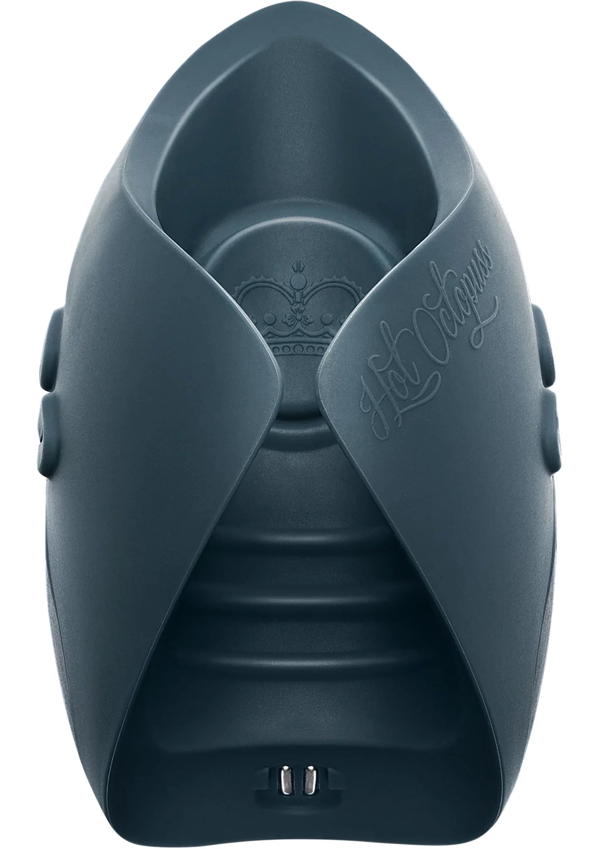 Blauwe vibrator met open binnenkant en subtiele kroonmarkering