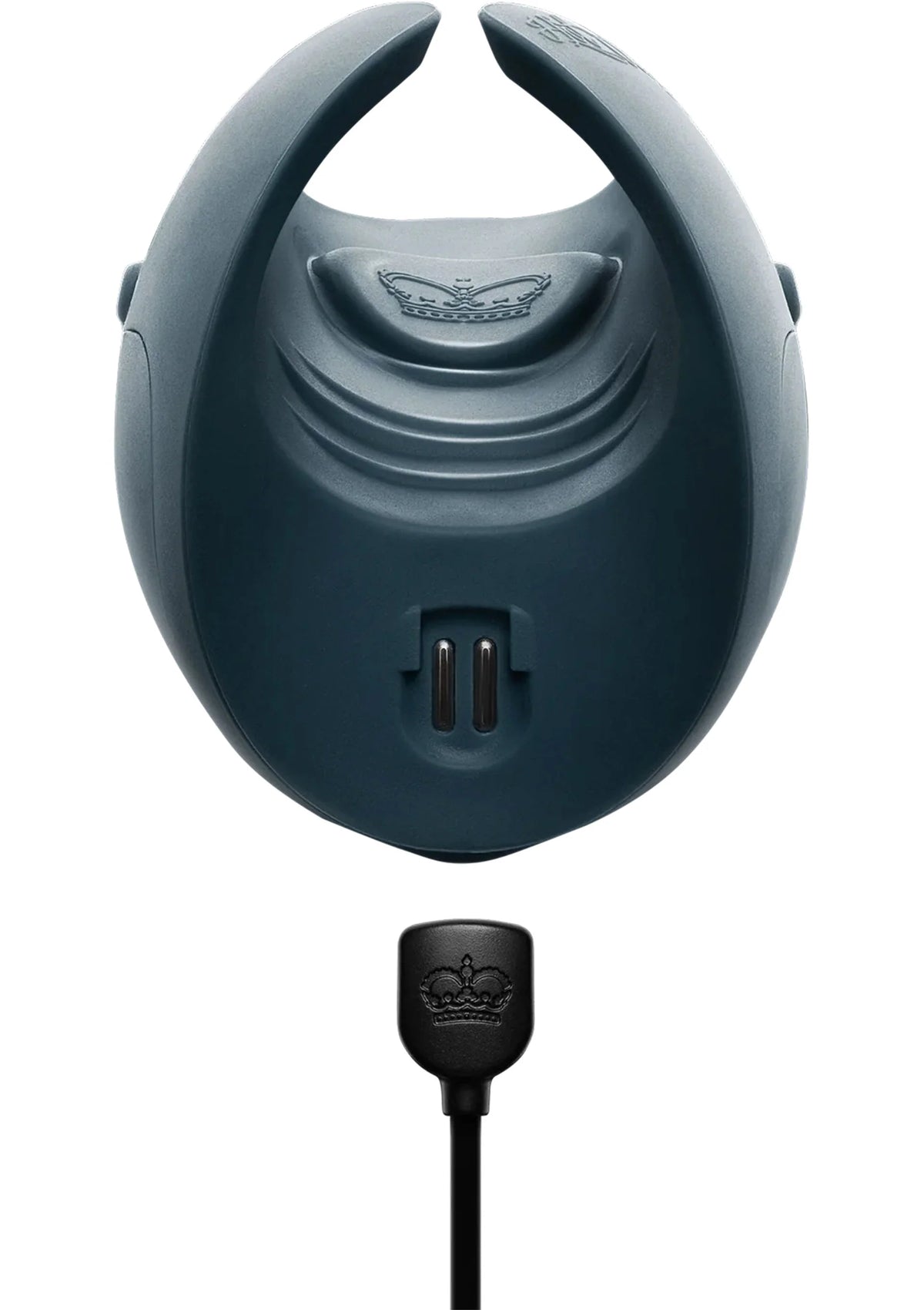 Blauwe vibrator achterzijde met oplaadpoort, afstandsbediening en kabel