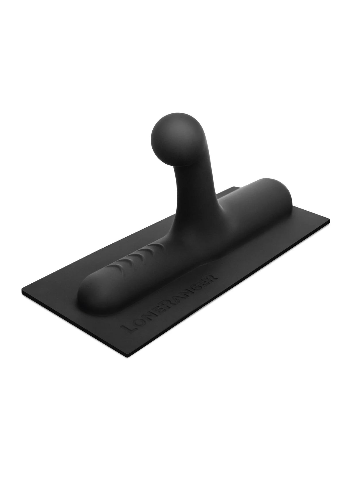 Zwarte rubber vloerwisser met ronde steel op platte basis, zijaanzicht