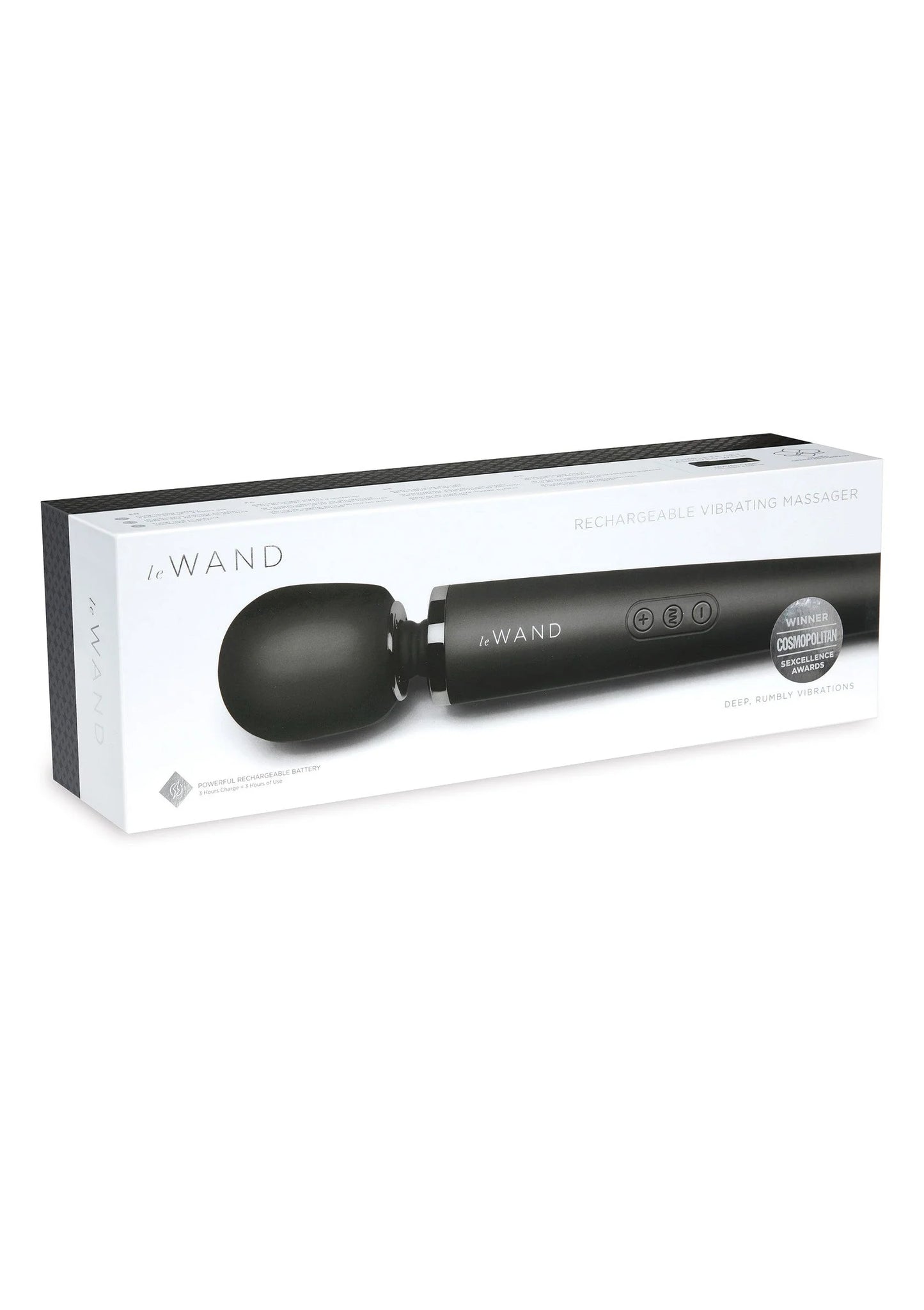 Le Wand oplaadbare massager, zwarte uitvoering op productdoos met afgeronde massagekop