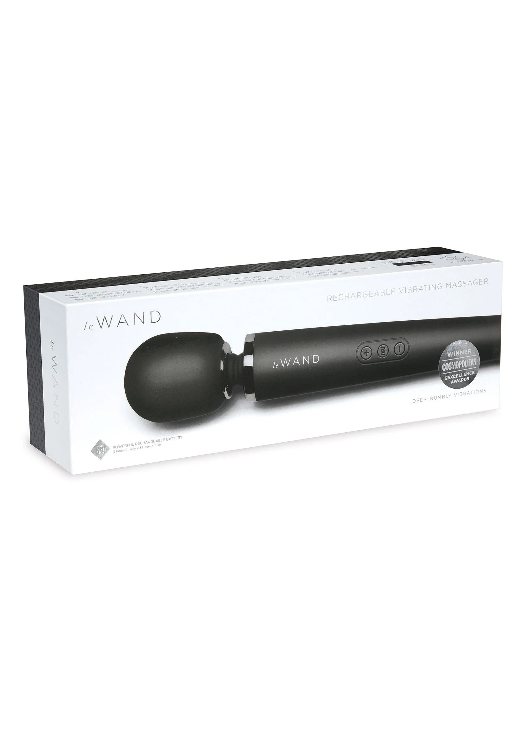 Le Wand oplaadbare massager, zwarte uitvoering op productdoos met afgeronde massagekop