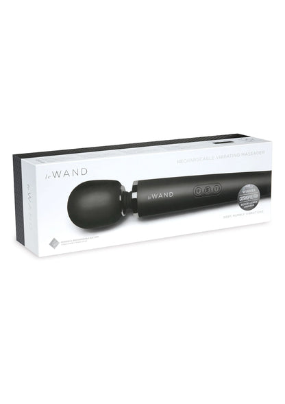 Le Wand oplaadbare massager, zwarte uitvoering op productdoos met afgeronde massagekop