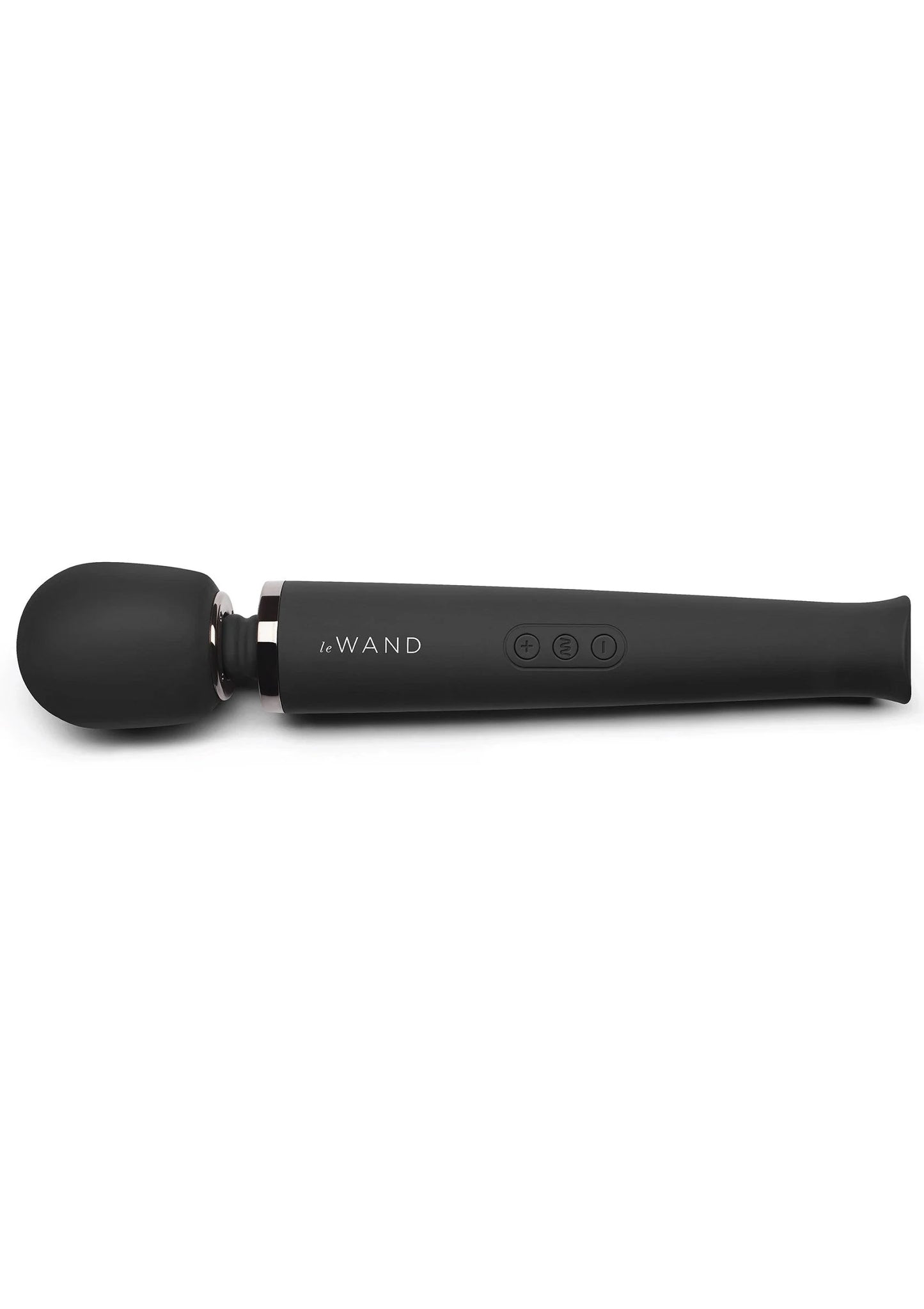 Le Wand oplaadbare massager, zwarte handvat met massagekop links en bedieningsknoppen