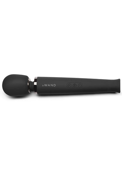 Le Wand oplaadbare massager, zwarte handvat met massagekop links en bedieningsknoppen