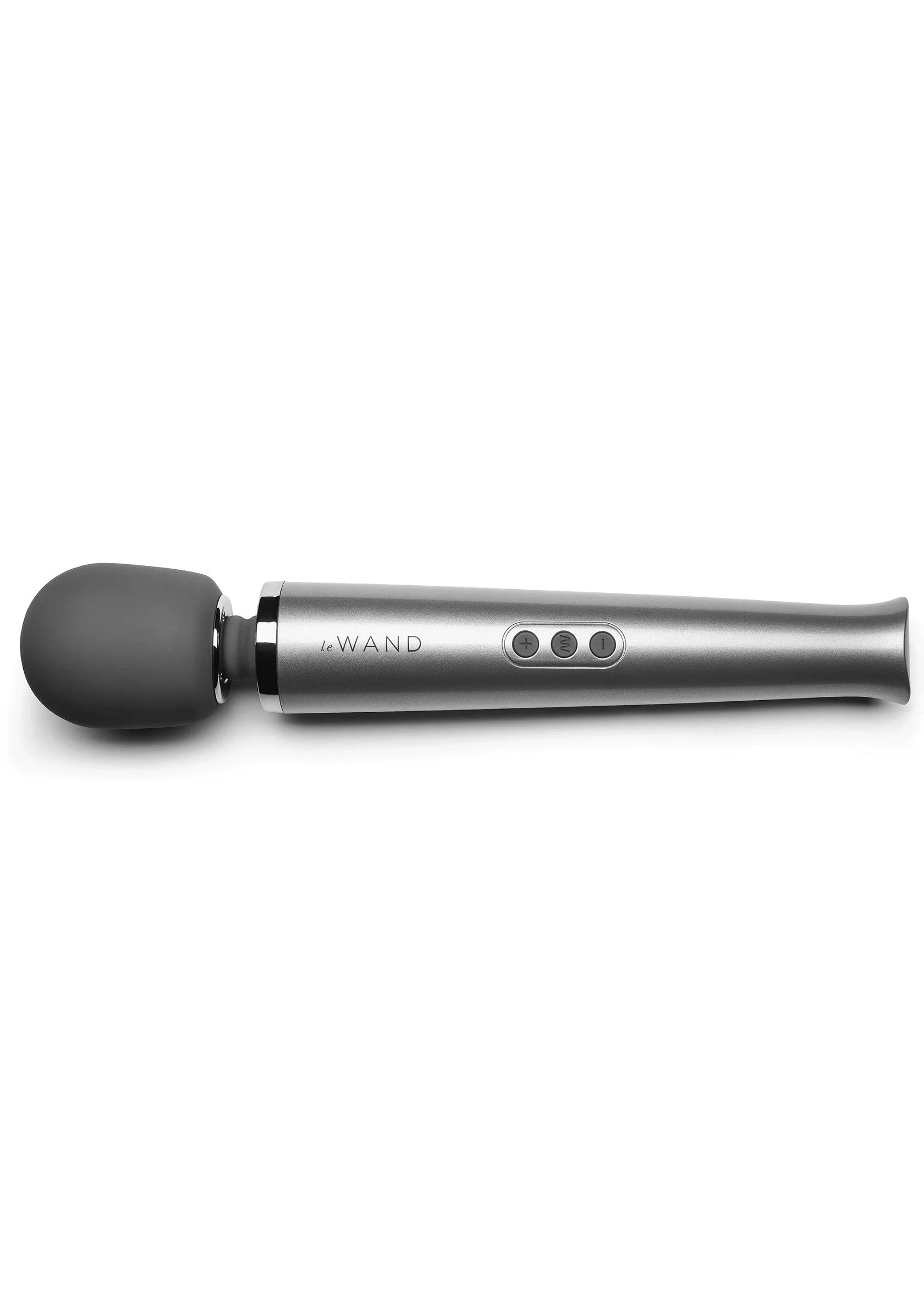 Zilvergrijze massager met zwarte kop en bedienpaneel met drie knoppen