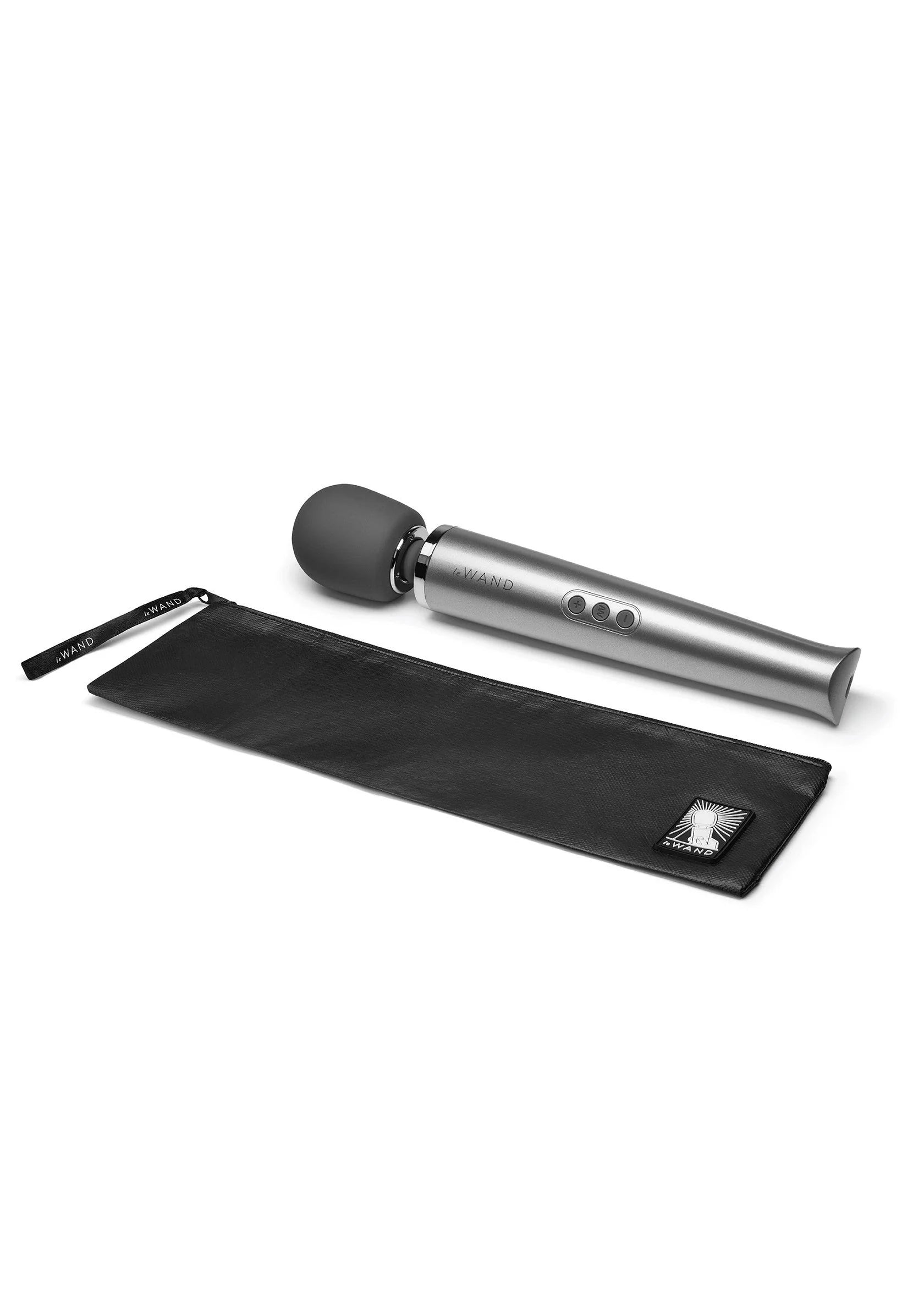 Zilvergrijze massager met zwarte massagekop en opbergtas, inclusief snoer