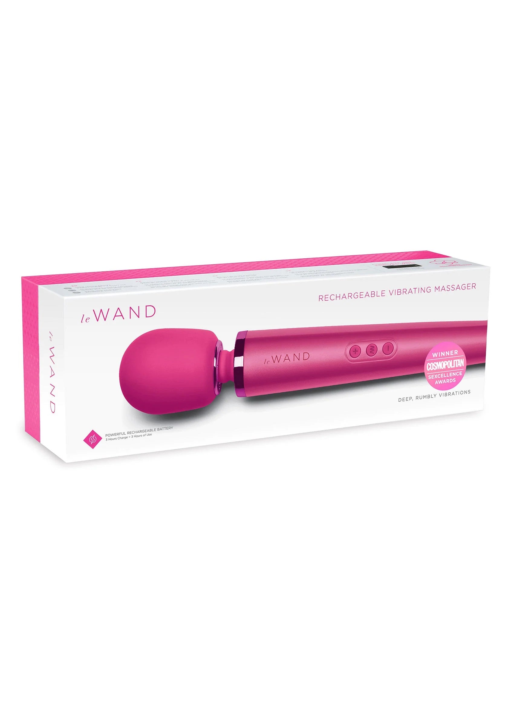 Le Wand oplaadbare massager in roze, met productverpakking
