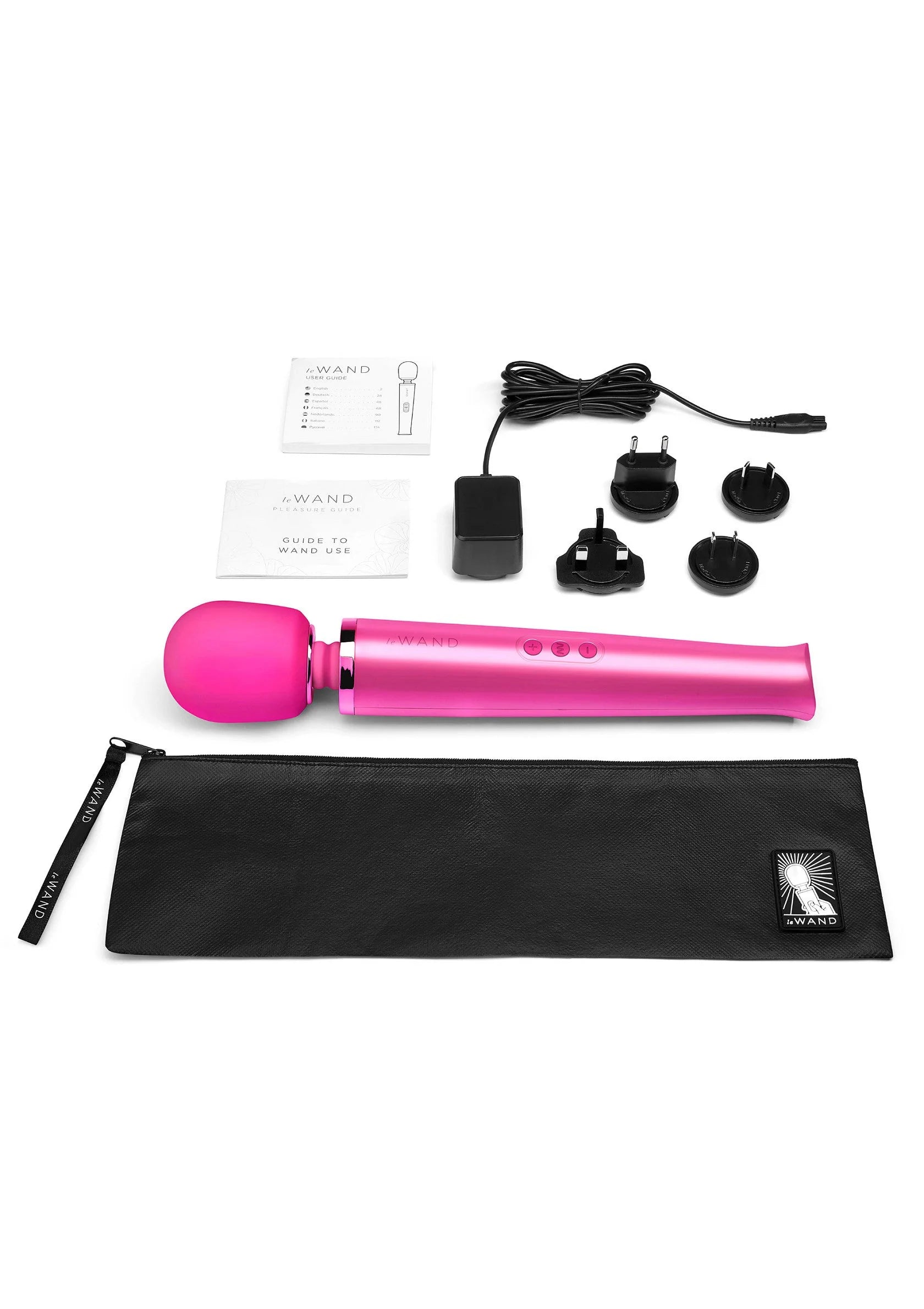 Roze Le Wand oplaadbare massager set met adapter, opzetstukken en opbergtas
