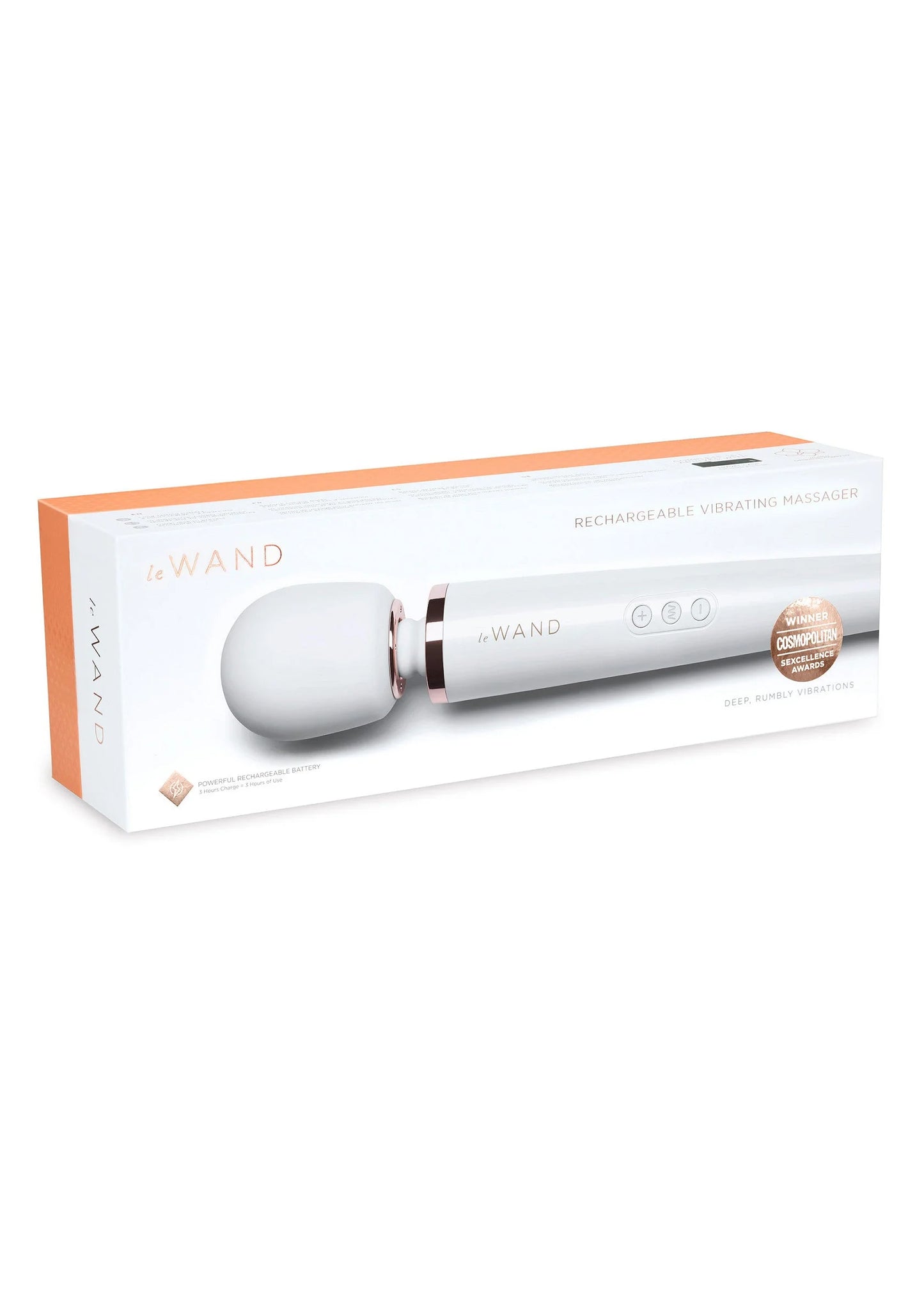 Le Wand oplaadbare massager in wit, met productverpakking