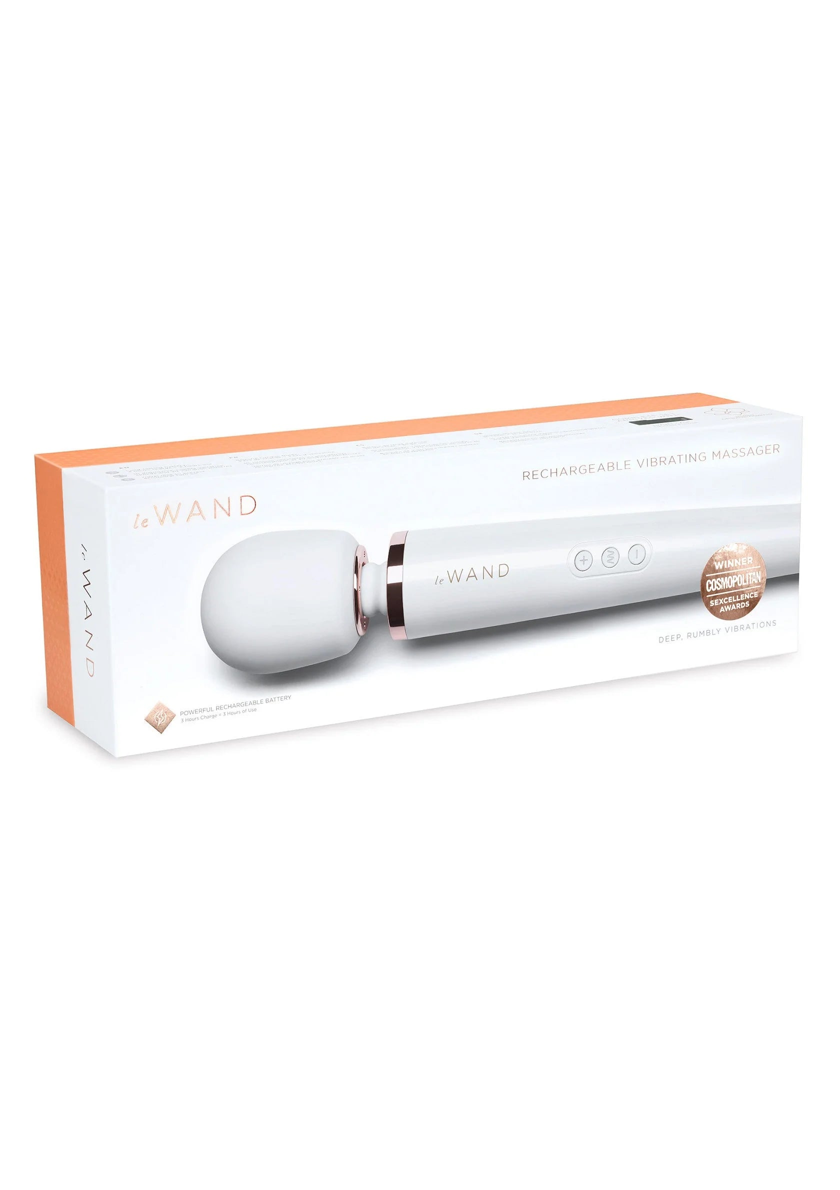 Le Wand oplaadbare massager in wit, met productverpakking