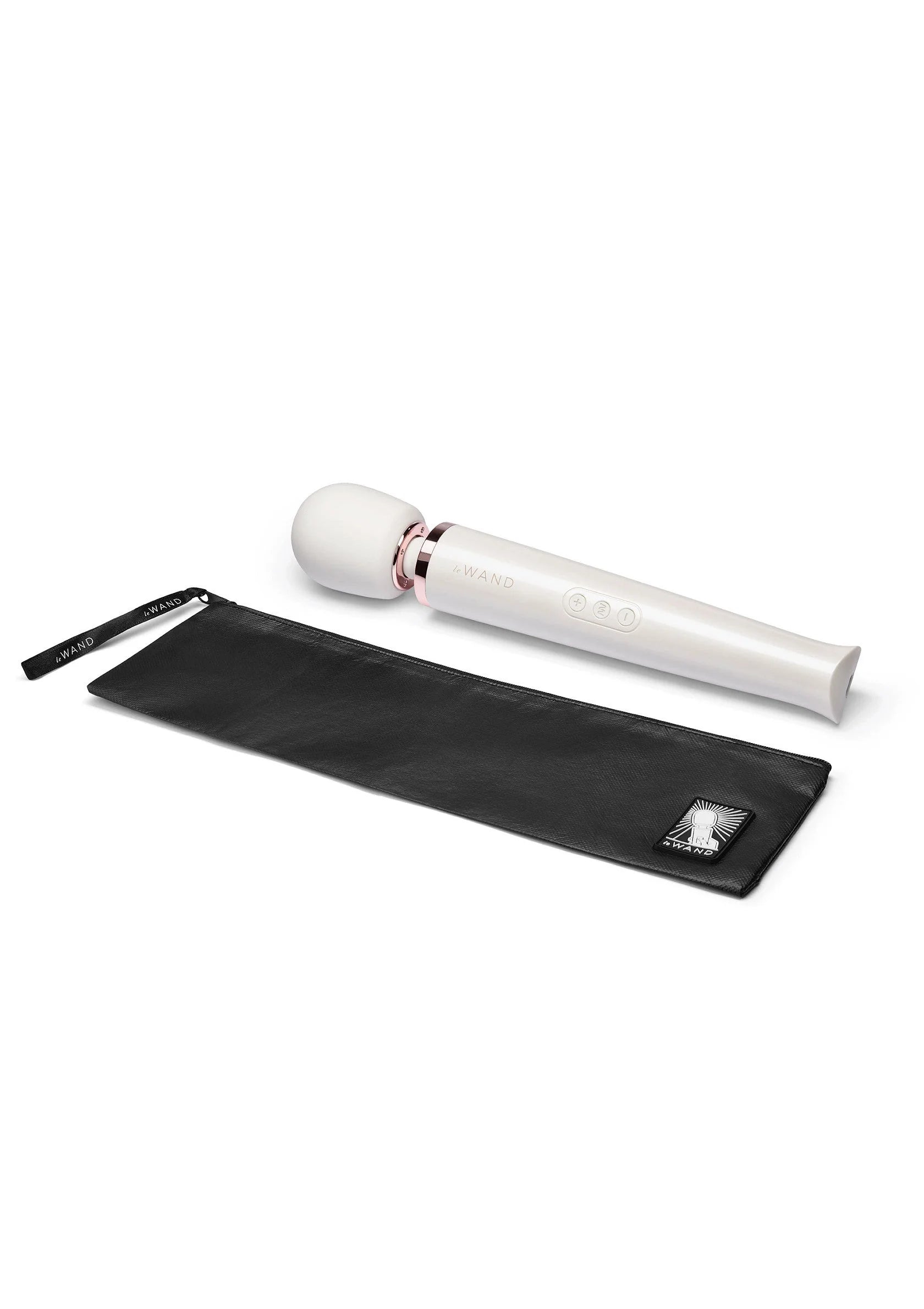 Oplaadbare massager Le Wand met witte handgreep en zwarte opbergtas