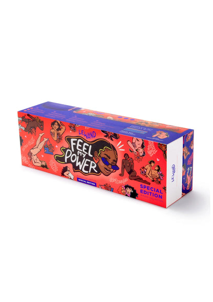Verpakking van een limited edition vibrator met rode en blauwe grafische opdruk