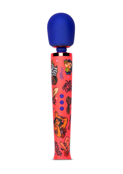 Rode vibrator met blauwe bolvormige kop en stripfiguurprint