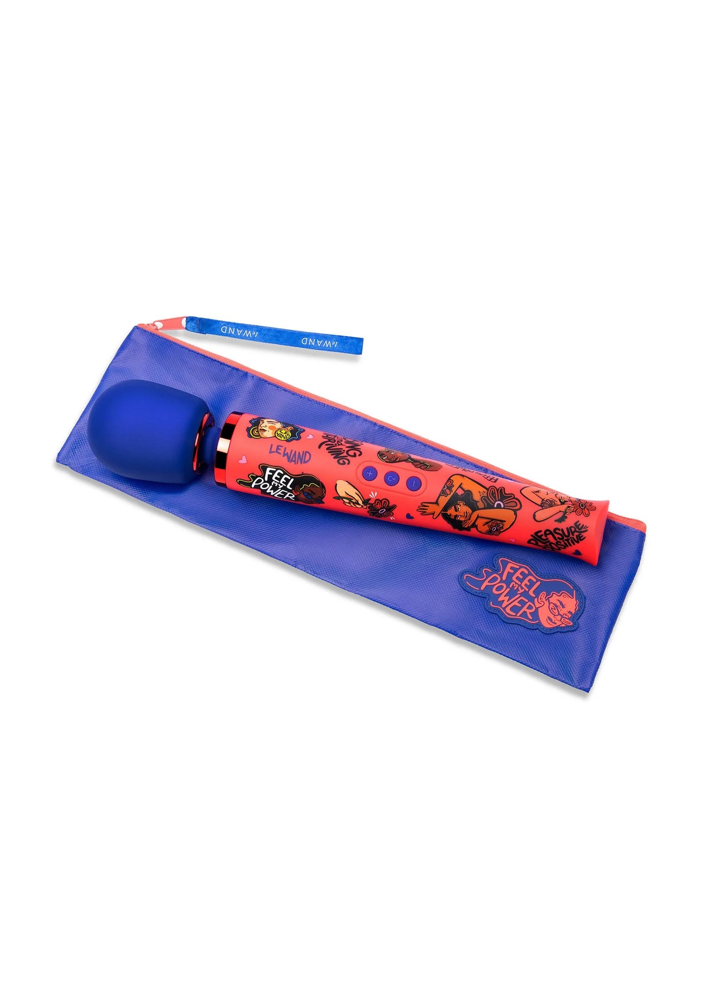 Rode vibrator in blauwe opberghoes, met bedrukking en open verpakking