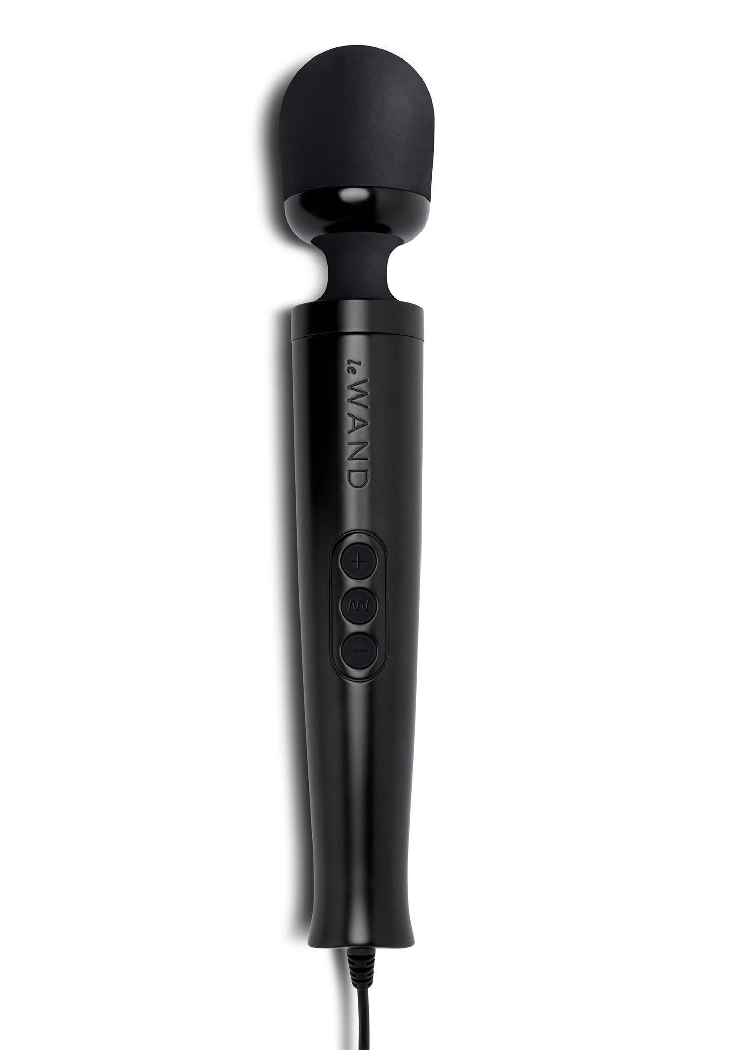 Zwarte vibrerende plug-in massager met ronde kop en handgreep, kabel onderaan.