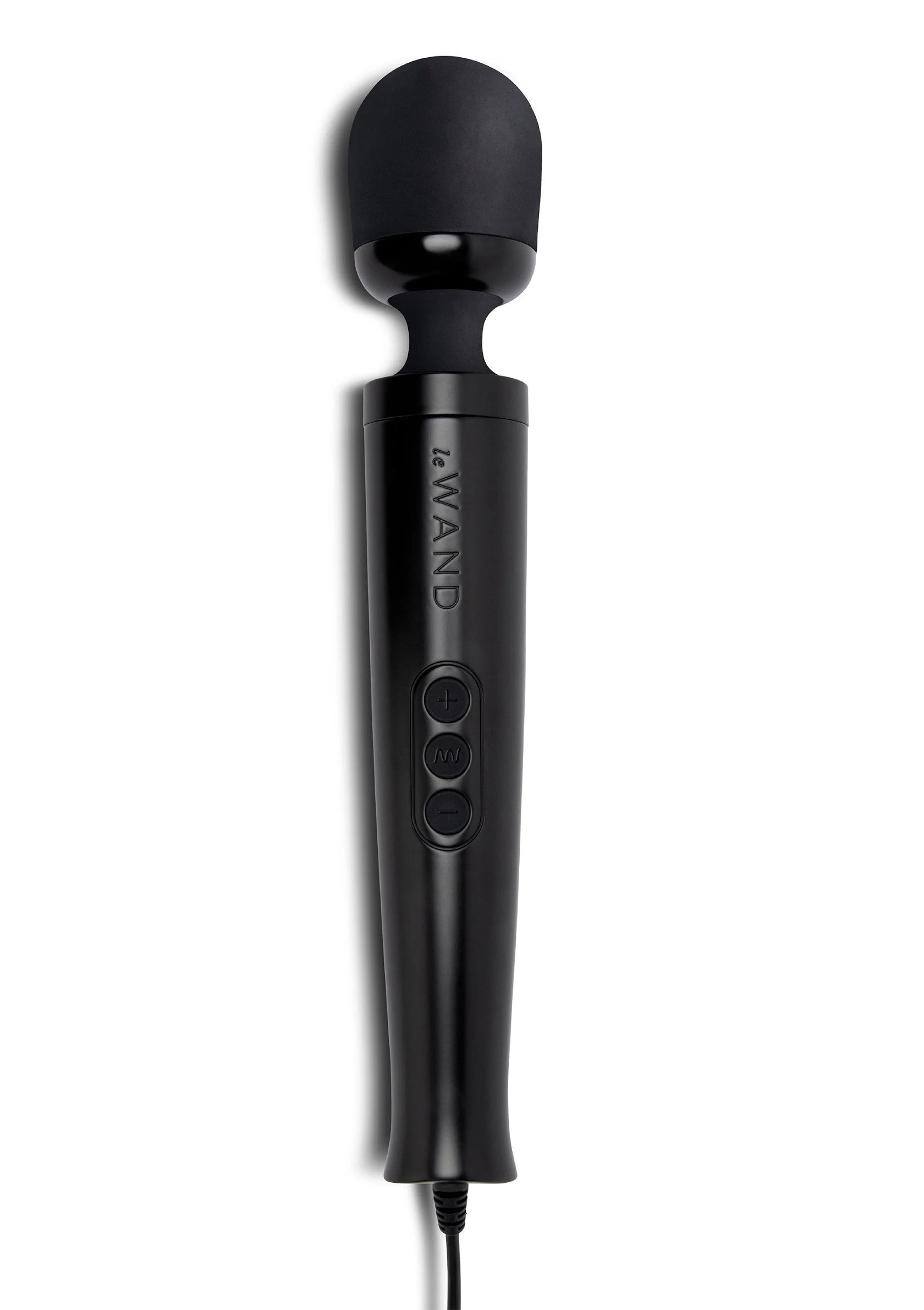 Zwarte vibrerende plug-in massager met ronde kop en handgreep, kabel onderaan.