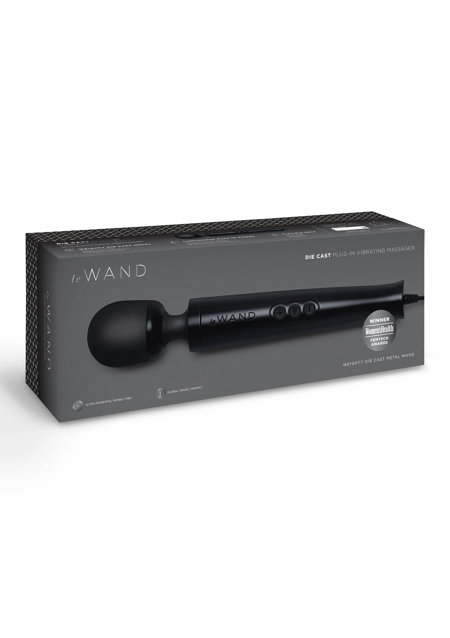 Verpakte vibrerende plug-in massager met zwarte ronde kop en donkergrauwe doos.