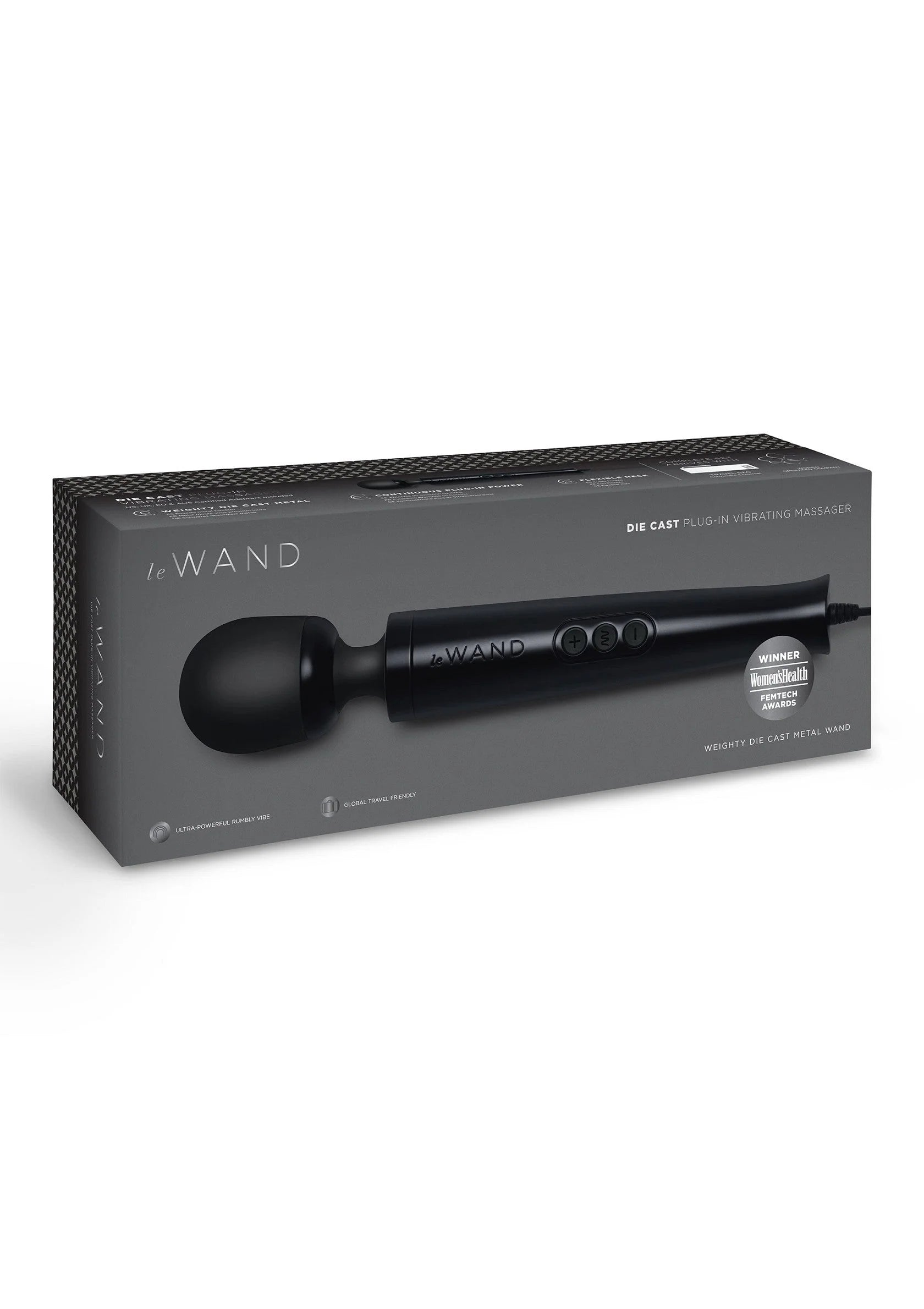 Verpakte vibrerende plug-in massager met zwarte ronde kop en donkergrauwe doos.